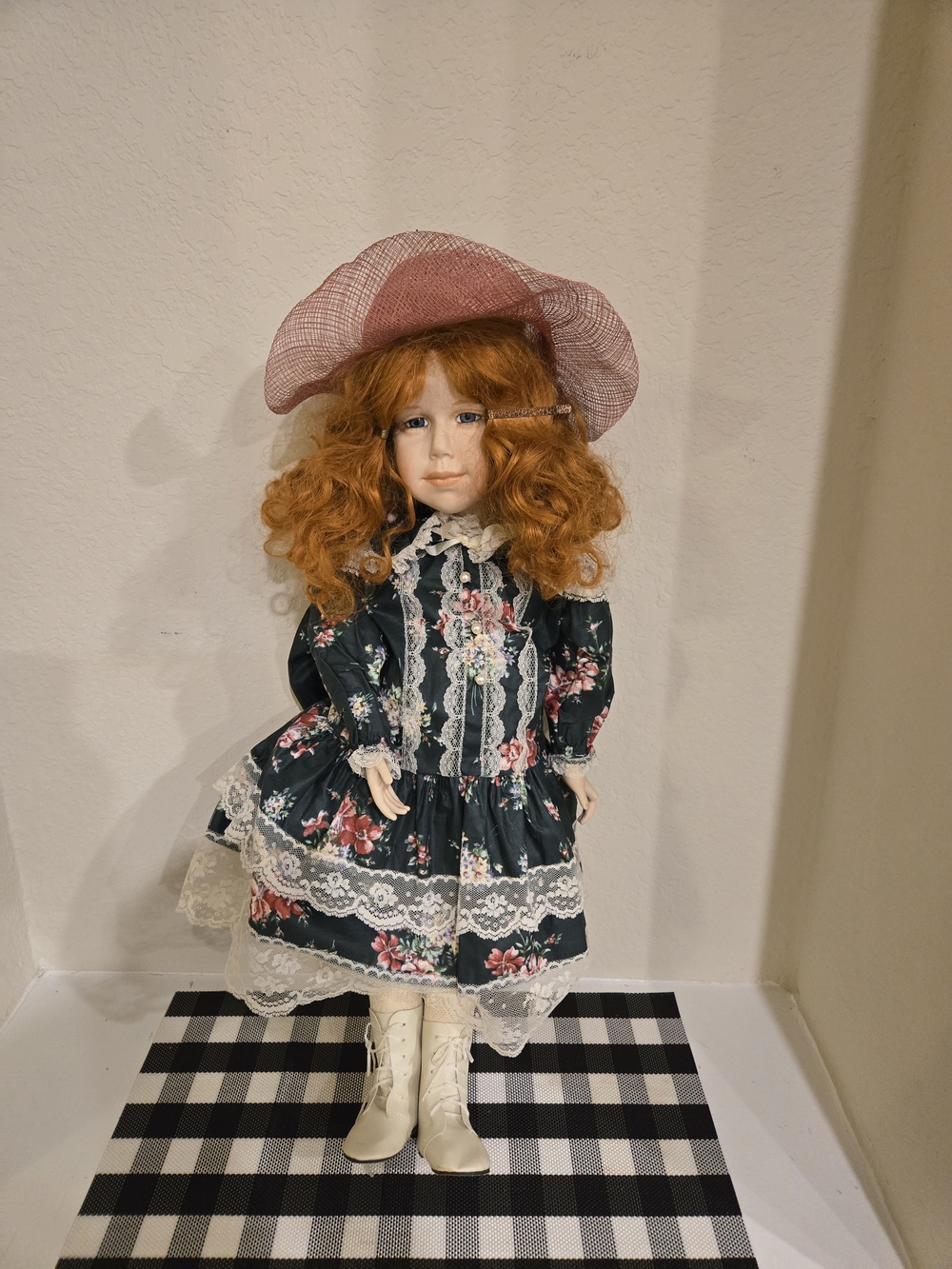 Vintage-Style Redhead Porcelain Doll in Black Floral Dress with Pink Hat